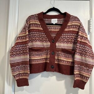 Pink Rose Sz:S Maroon Cream Striped Geometric Vneck Button Cardigan Sweater.